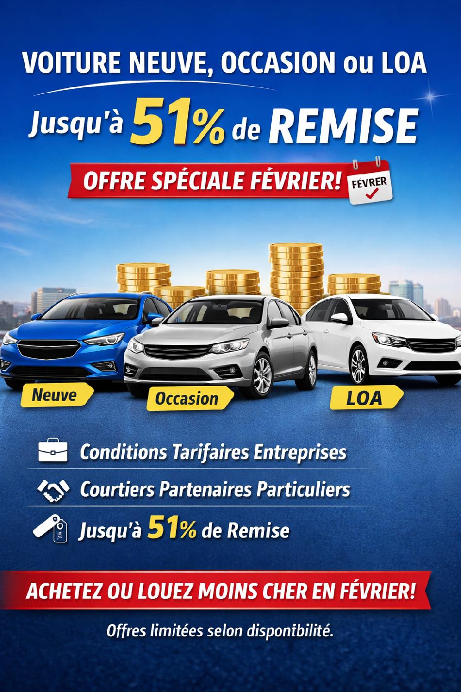 Achat de voiture neuve\, d’occasion ou en LOA : jusqu’à 51 % de remises – Offre février